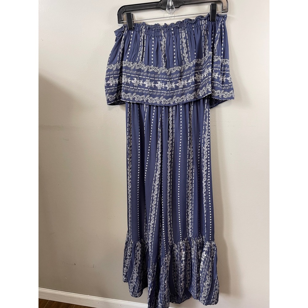 Japna Blue Floral Star Print Off Shoulder Wide Leg Jumpsuit strapless Boho Rayon